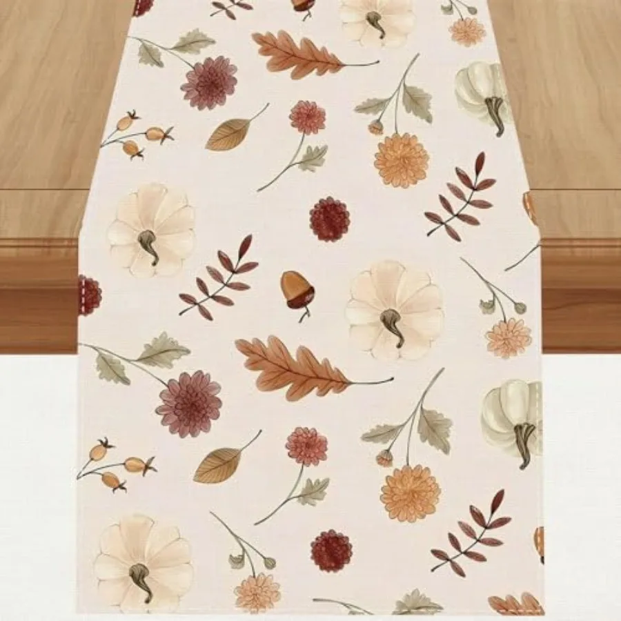 

Linen Fall Table Runner 72 Ihes Long Fall Leaves Pumpkin Flowers Home Kitchen Dining Room Table Decor Autumn Thanksgiving Harve