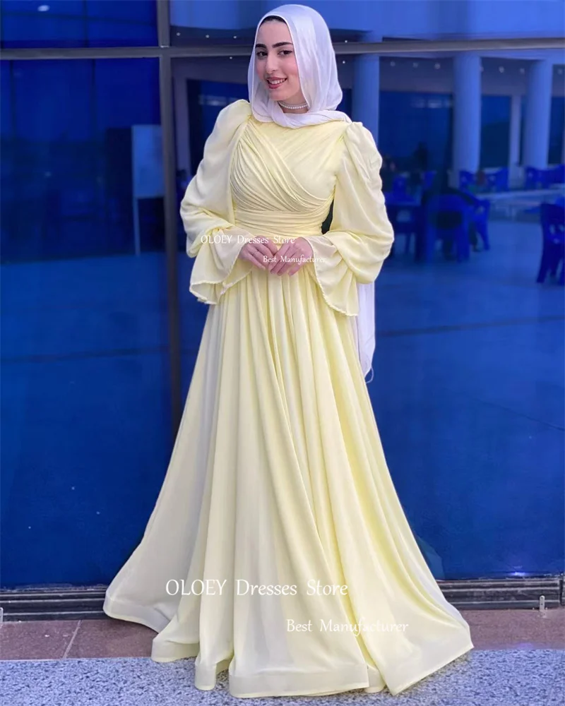 

OLOEY Modest Dubai Arabic Women Formal Evening Dresses Long Sleeves Pleats A Line Prom Gowns Special Occasion Dress Plus Size