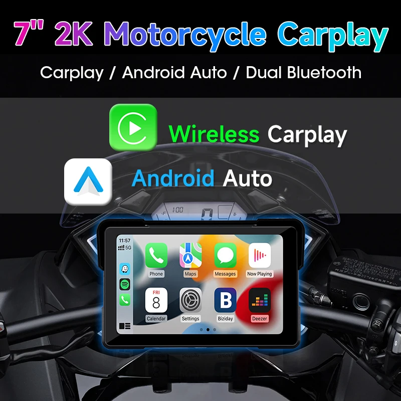 7 inch Portable CarPlay Motorcycle Android Auto IPX7 Waterproof Digital Moto Dashboard Screen GPS Navigation 2K Dual Camera