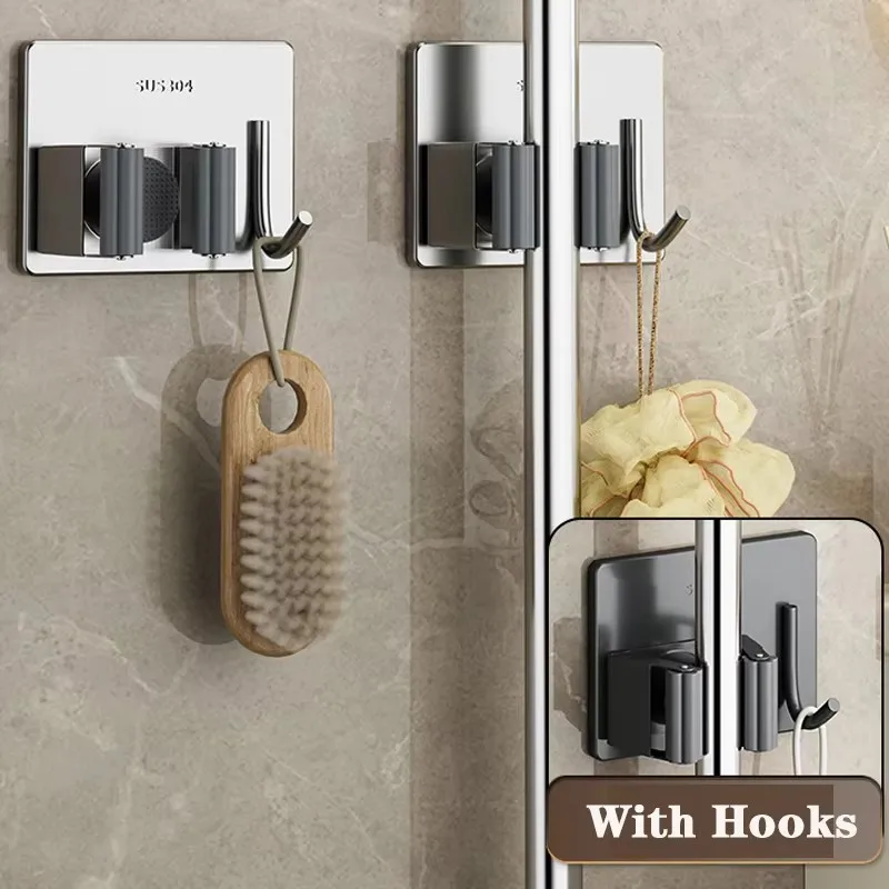 Bathroom 304 Stainless steel mop clip hook Self-Adhesive Mop stand Holder Waterproof Brush Broom Mop Organizer Shelf Accessories