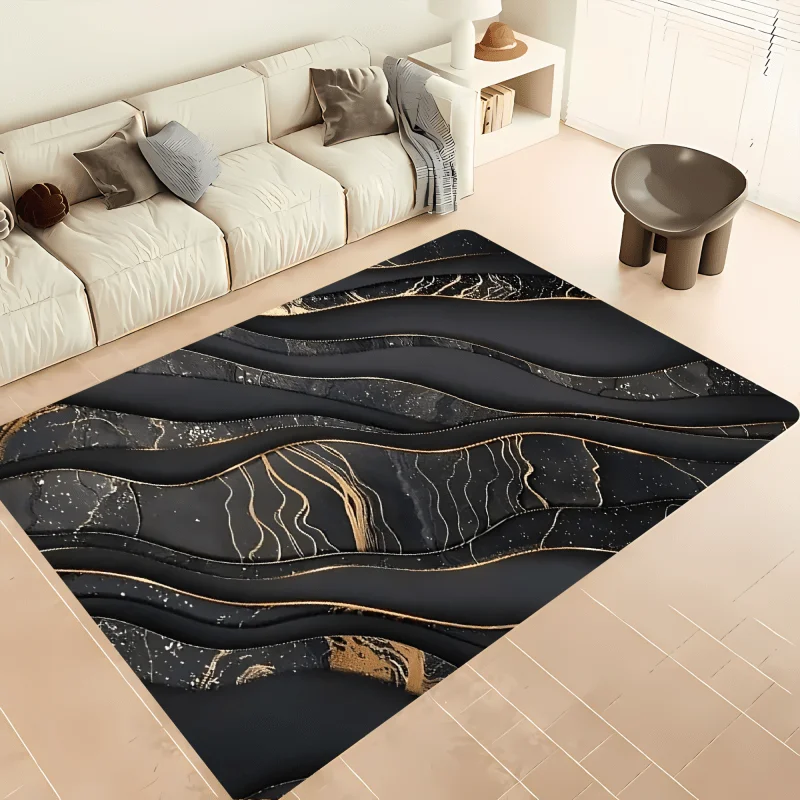 Modern Black and Gold Flannel Rug Wavy Marble Pattern Floor Mat Anti-slip Soft Area Carpet for Living Room Bedroom Home