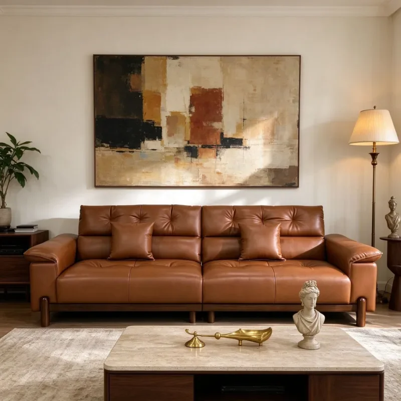 Medieval oil wax leather sofa living room retro small apartment straight solid wood cloud leather art sofa