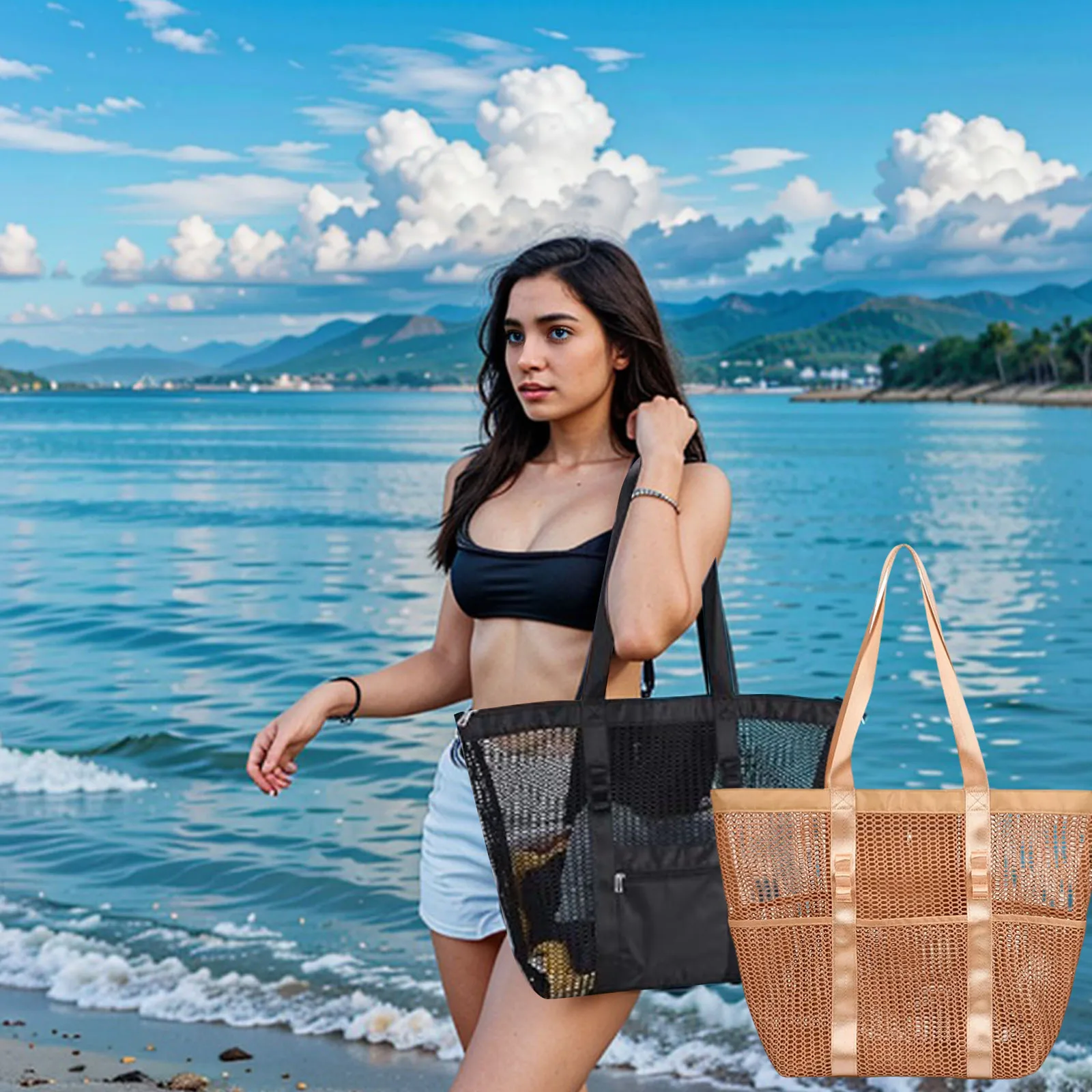 

Women'S Mesh Woven Bag, One-Shoulder Straw Bag, Large Capacity Summer Bag, Small Fresh Travel Vacation Versatile Beach Bag