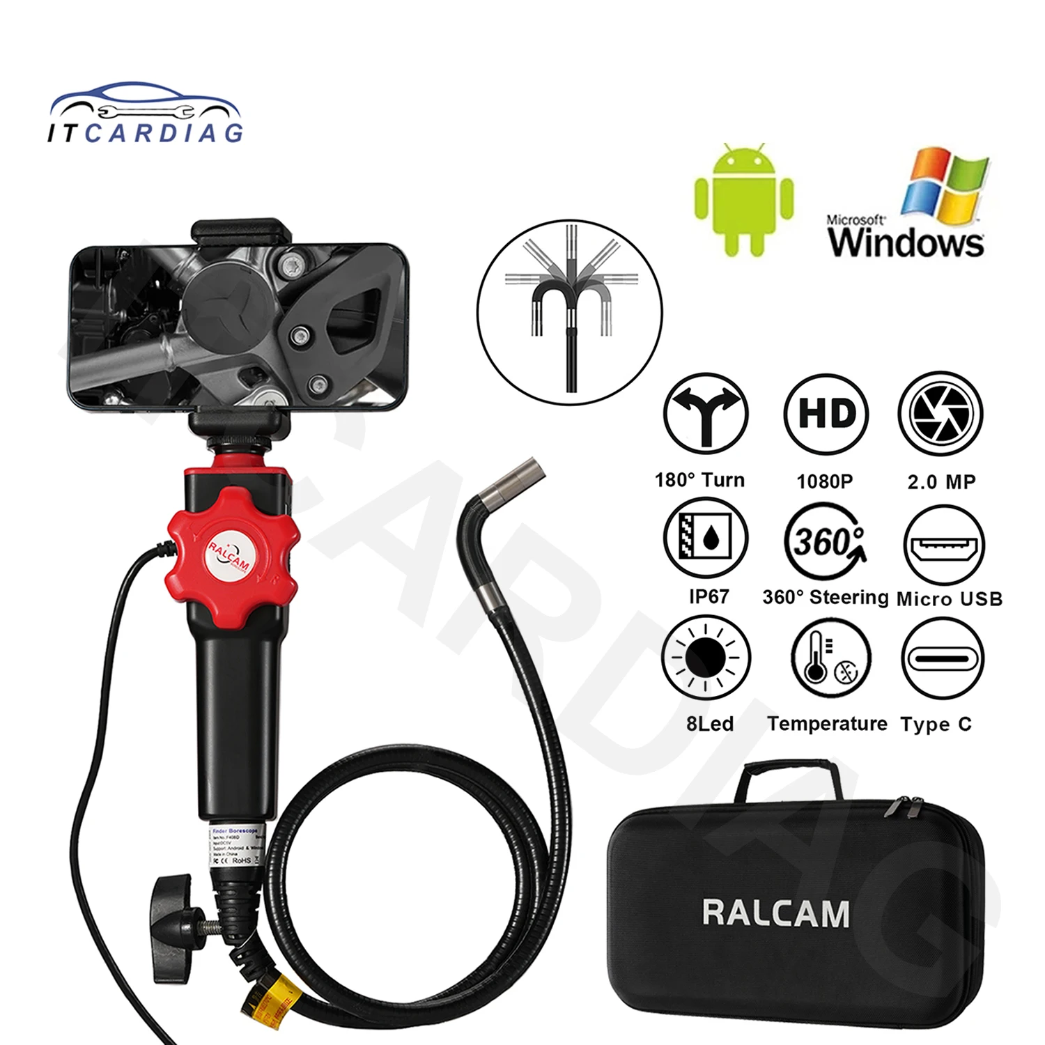 8 LED Industrial Handheld Borescope Endoscope Camera 1080P with Type C 8.5MM 180 Degree Steering Car Inspection for Android WIN