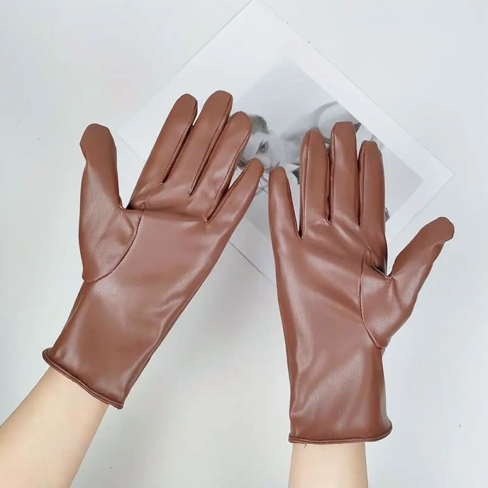 Women Warm PU Leather Gloves Winter Thermal Plush Lined Driving Cycling Fashion Minimalist Slim Fit Stage Party Mittens