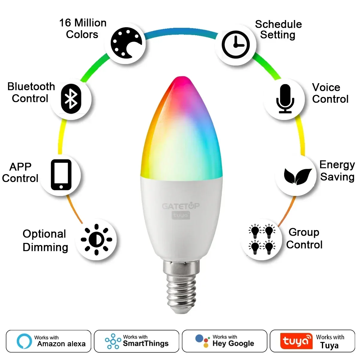 Imagem -03 - Lâmpada Led Regulável Inteligente Luz de Vida Inteligente Tuya Alexa Rgb Wi-fi Bluetooth Assistente do Google C37 E14 6w 85v265v