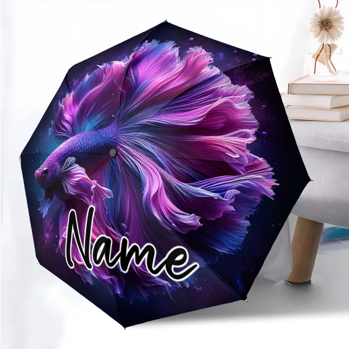 Custom Name Elegant Betta Fish Design Umbrella for Stylish Look Print 8 Iron Ribs Folding Umbrella Auto-Open Fashion Sunshade