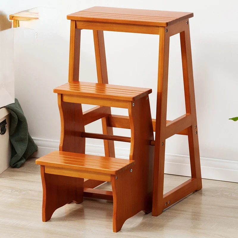 Solid Wood Folding Ladder Stool Household Three-step Climbing Stool Dual-use Indoor Multifunctional Step Ladder Stool