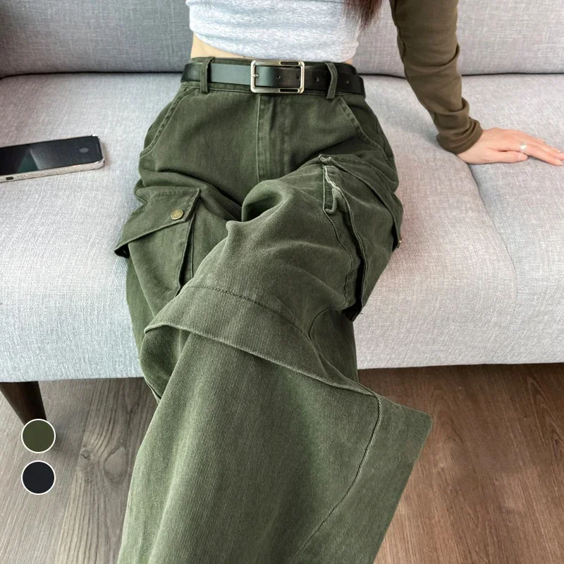 HOUZHOU Y2K Cargo Jeans Denim pantaloni donna verde gamba larga pantaloni Cargo femminile coreano Streerwear tasche Hip Hop Casual retrò