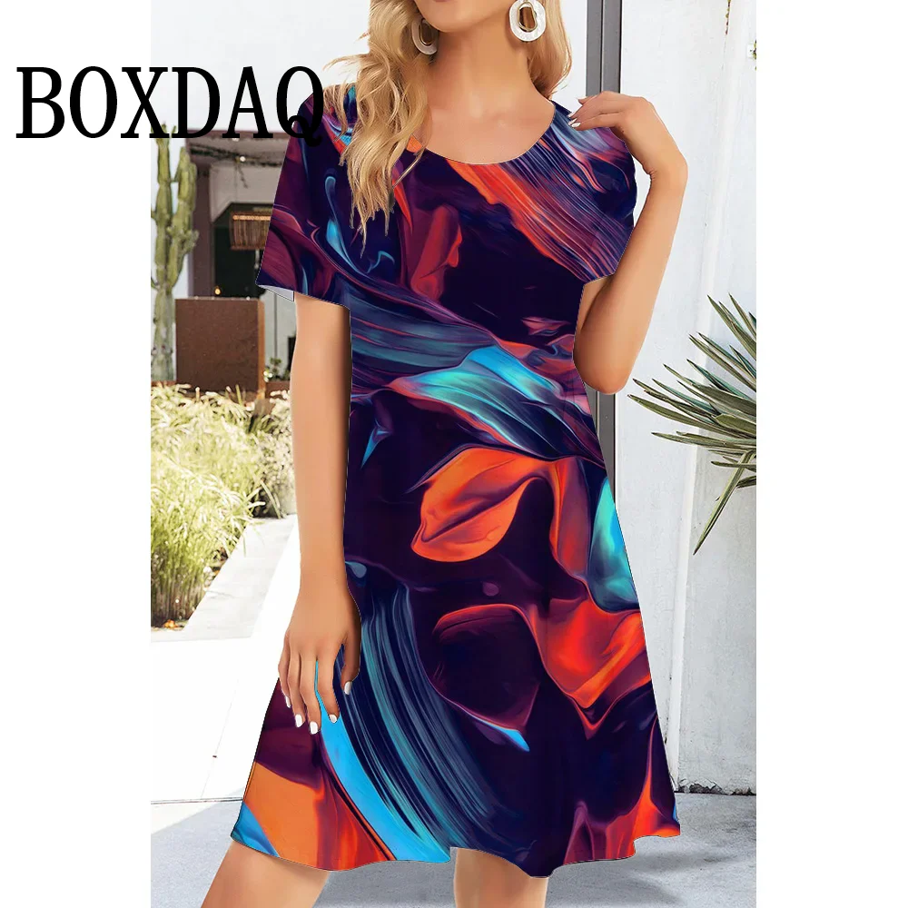 Summer Casual Short Sleeve Women's Dresses Fashion Colorful Painting Print Dresses Women's Round Neck Loose A-Line Short Dresses