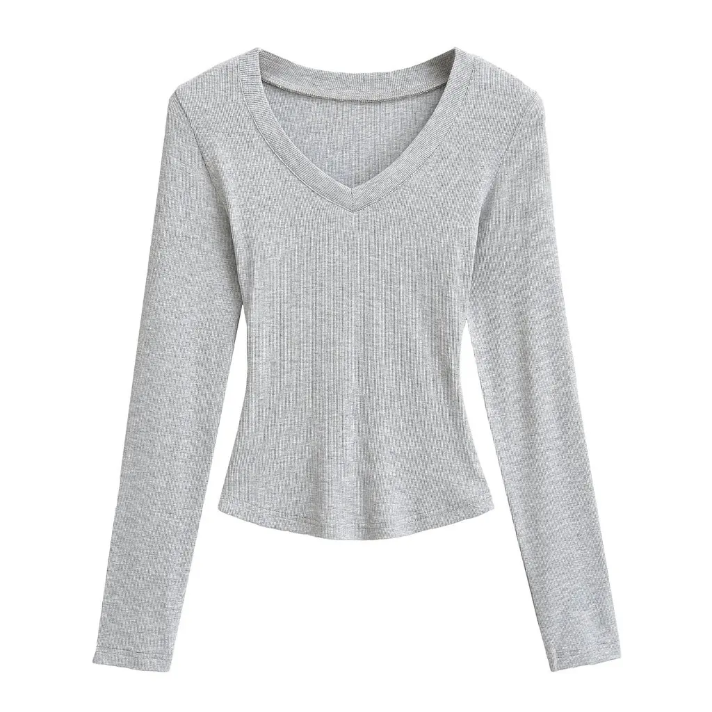 

Women's American Style V-neck Slim-fit Long-sleeved T-shirt Stretch Base Shirt Basic Top