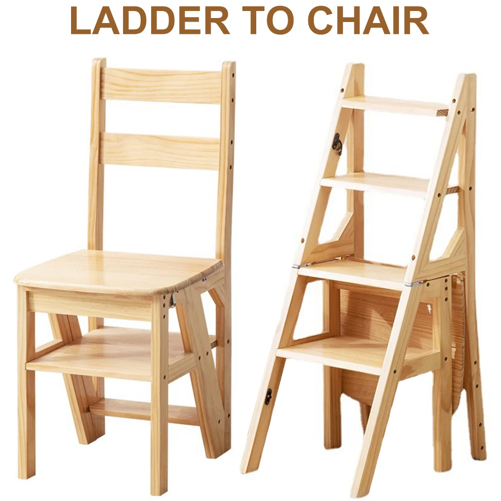 4 Tier Solid Wood Ladder Chair Multi-Functional Folding Step Ladder Anti-Slip Folding Step Stool for Indoor Living Room Bedroom