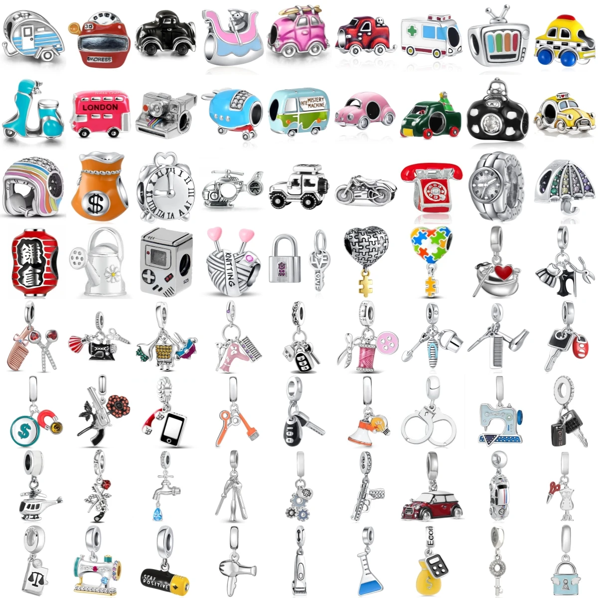 925 Sterling Silver Mini Vehicle Tool Enamel Charms Car Bus Taxi Camera Motorbike Clock Beads Fit DIY Jewelry