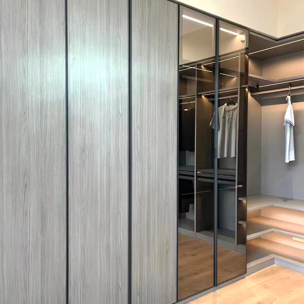 Modern Minimalist Bedroom Wardrobe 3X6 Laminate Plywood Aluminum Frameless Glass Mirror Doors Single Drawers Shelves Workshop
