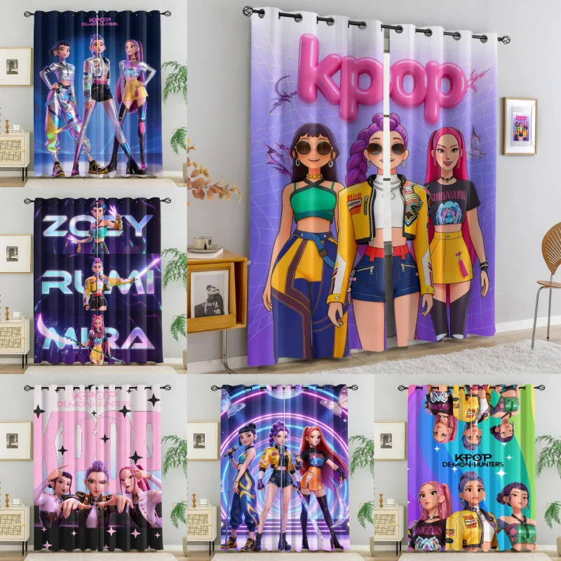 2pcs Kpop Girls Curtains Cute Anime Idol Group Blackout Curtains Purple Web Gradient Print Window Drapes for Teens Bedroom Decor