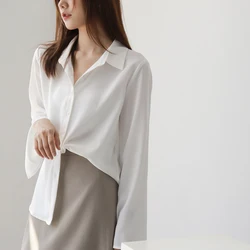 Women Flared Sleeves Chiffon Shirt Korean Fashion Casual Loose Long Sleeve Tops Y2K All Match Elegant Female Blouse New