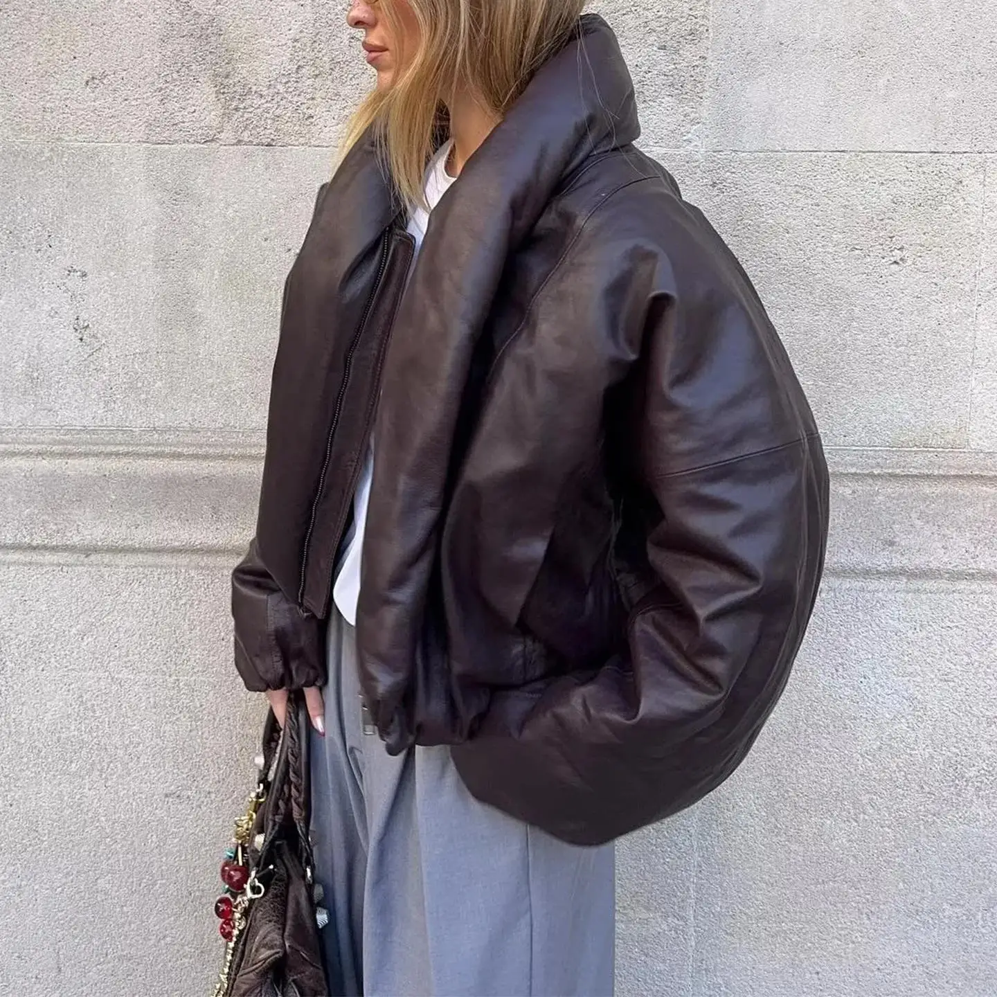 Herbst Winter Lose Fit Lange Sve PU Leder Zipper ort Baumwolle Jaet frauen Casual Sle Großen Kragen Mantel Oberbekleidung