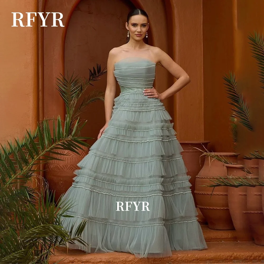 

RFYR Strapless Prom Gowns Multilayers Party Dress Formal Princess Ball Gowns A Line Evening Gowns for Women Customized