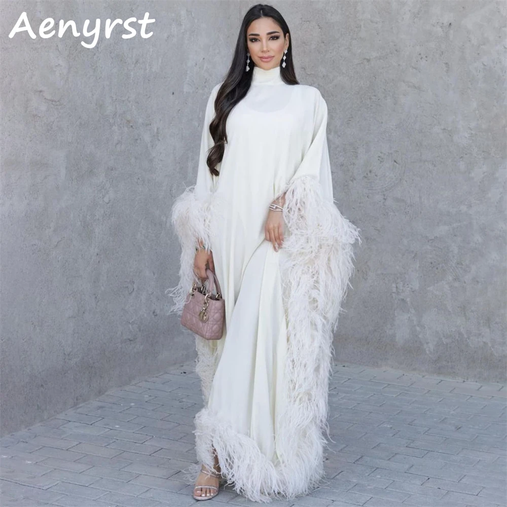 Aenyrst Feathers High Collar Saudi Arabia Evening Dresses A Line Satin Prom Dress For Women Floor Length Formal Occasion Gowns