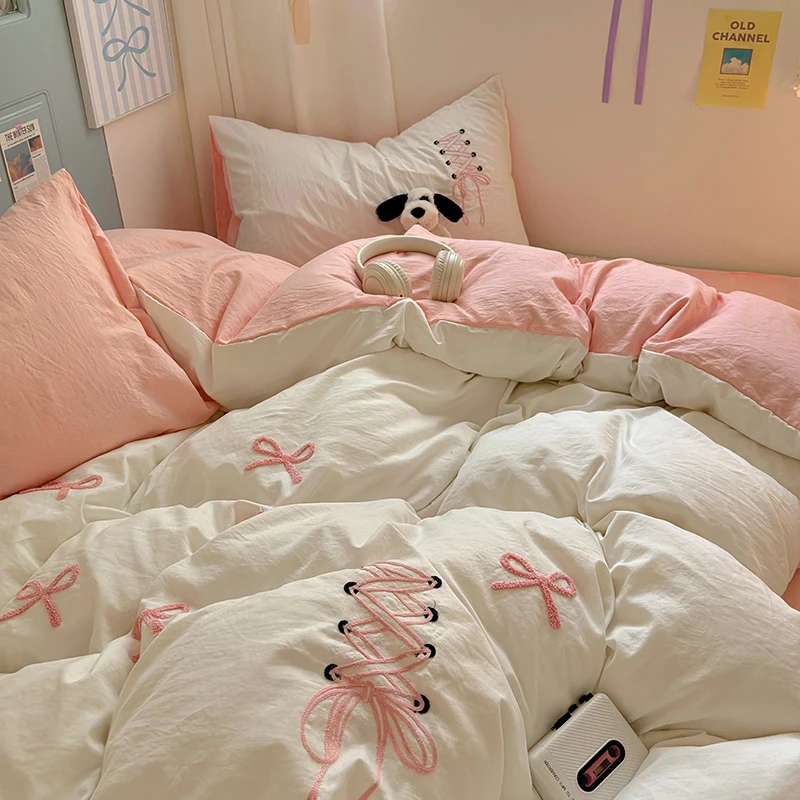 ins-blogger-style-duvet-cover-ballet-bow-4pcs-embroidered-water-washed-cotton-comforter-bedding-sheets-set-home-decor-bed-linen