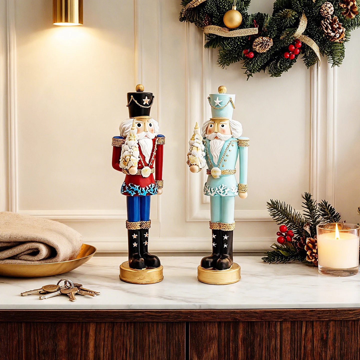 Coastal Nautical Nutcracker Soldier Figurine, Seashell Christmas Tabletop Mantel Holiday Decor Gift