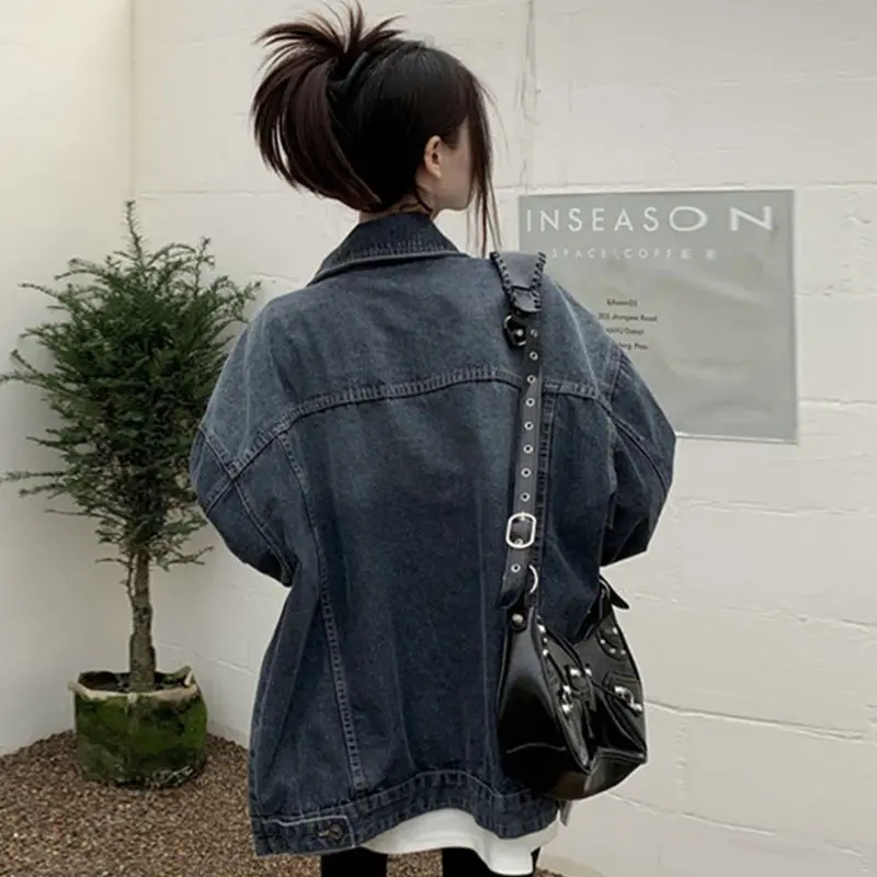 2023 Spring Autumn Streetwear Short Denim Jacket Women Lapel Single Breasted Harajuku Long Sleeve Tops Clothes Jean Coat Outwear