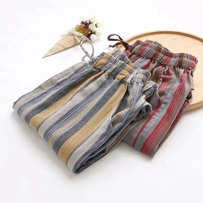 Striped Vintage Elastic High Waist Lace Up Cotton Linen Women\'s Pants Wide Leg Ankle-Length Pants For Women Clothing Fashion