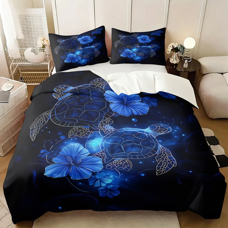 Tropical Hawaiian Blue Sea Turtle Hibiscus Duvet Cover Set Ocean Glow Flower Print Bedding Soft Comforter Home All Bed Size