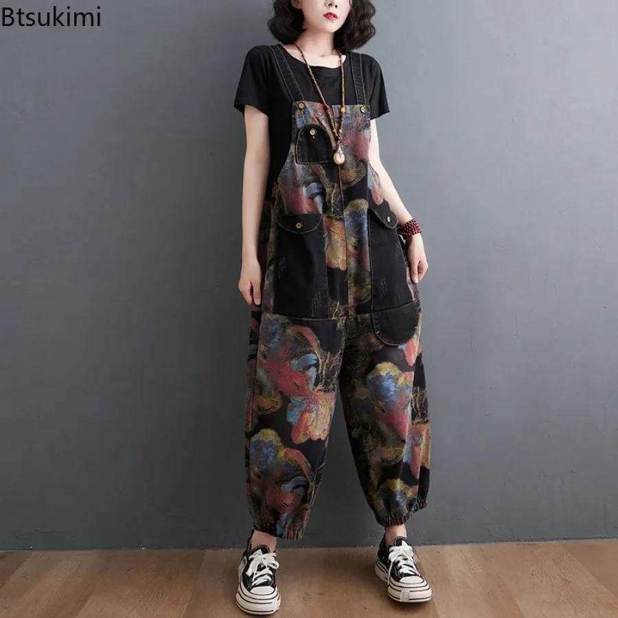 New 2025 Women's Fashion Loose Print Denim Jumpsuit with Big Pockets Vintage Casual Overalls Ladies Jeans Straps Pants Oversized