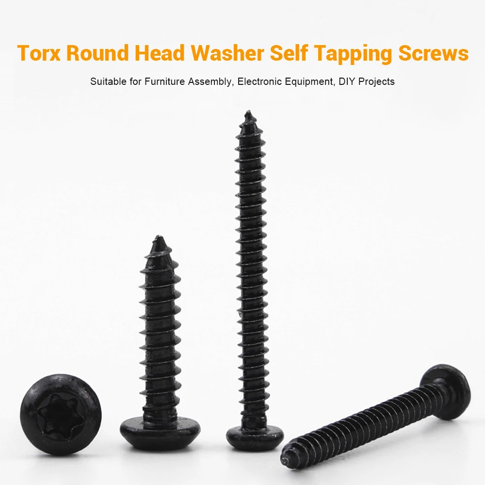 JUIDINTO 50pcs/bag Torx Pan Head Self Tapping Screws Black Carbon Steel Star Drive Round Head Wood Screws M2 M2.3 M2.6 M3