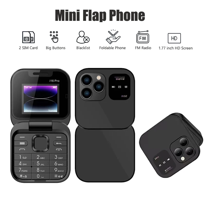 

i16Pro Small Foldable Mobile Phone Auto Call Record Speed Dial FM Radio Mini Flip Telephones 2 Card GSM Unlocked Cellphone