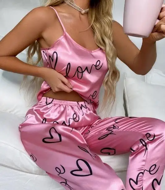 Women's Chic Sexy Suits 2024 Spring Summer Latest Casual V-Neck Sleeveless Home Pants Set Letter Love Heart Print Satin Cami Set