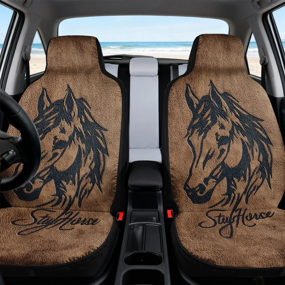 2D Flat Printing, 2pcs Car Seat Covers, Car Seat Cover For Decoration, Horse Head Drawing Pattern, Universal Fit Seat Covers, Ea