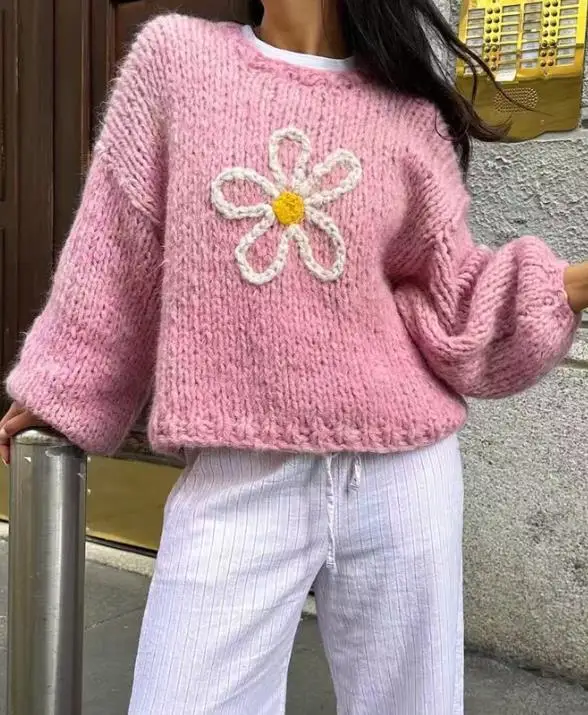 

Осенний новый цветочный жаккардовый декоративный свободный вязаный свитер для женщин, повседневный, простой, персонализированный свитер с длинными рукавами