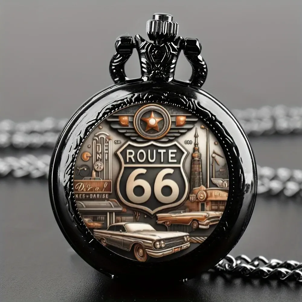 Vintage Route 66 Pattern Pocket Watch,Men's Fashion Quartz Necklace Pendant, World Time Display, Round Dial, Electronic Movement