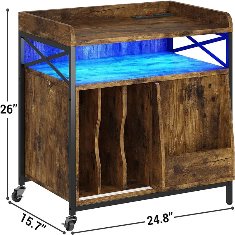 Rustic Nightstand with Power Outlet and LED Light, Vinyl Record Storage Cabinet for Bedroom Living Room