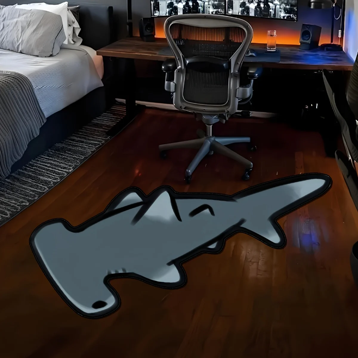 VIKAMA Cool Hammerhead Shark Shaped Rug Cartoon Grey Marine Animal Non Slip Soft Irregular Floor Mat Gaming Room Entry Decor Mat