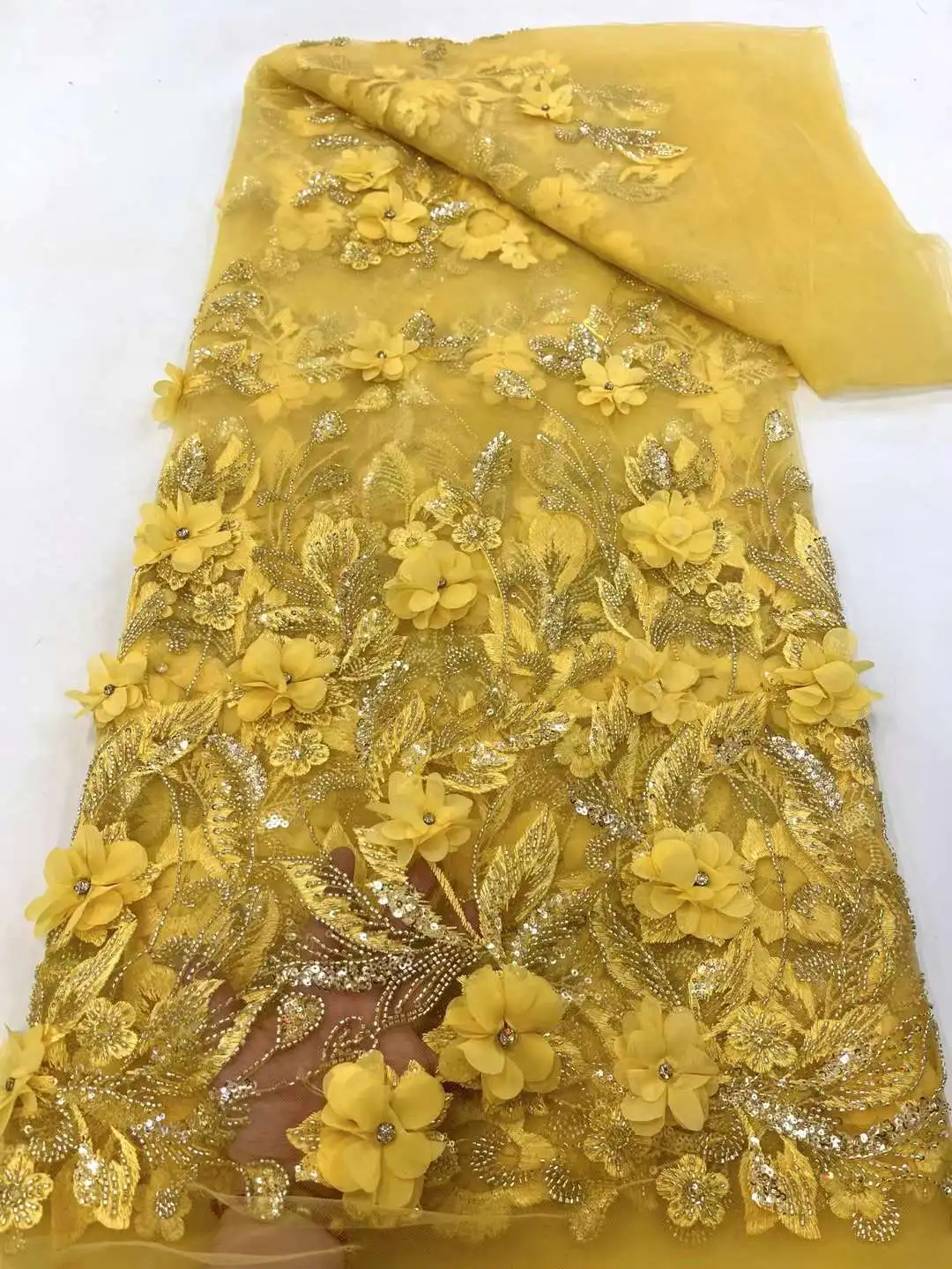 

Gold African Tulle 3D Flower Lace Fabric 2024 French Sequins Fabric Sewing Groom Embroidery Lace Nigerian Wedding Dress 5 Yards