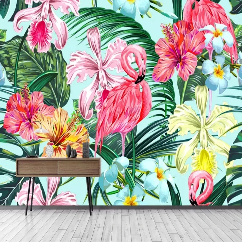 Customized Photo 3D Mural Tropical Plant Leaf Pink Flowers Birds Wallpaper flamingo Living room TV background bedroom restaurant