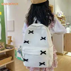 Mochilas estéticas bowknot fofas, bolsas escolares leves, mochila doce para estudantes para meninas, veludo feminino College Mochilas