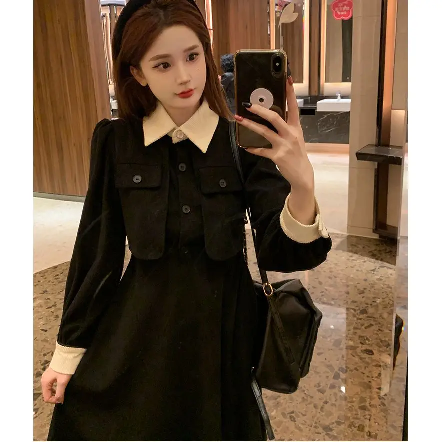 Early Autumn Black Long Dress Women's Spring Autumn Wear Inner Match Waist Cinching Maxi Dress Fake Two-Piece Style Citywalk