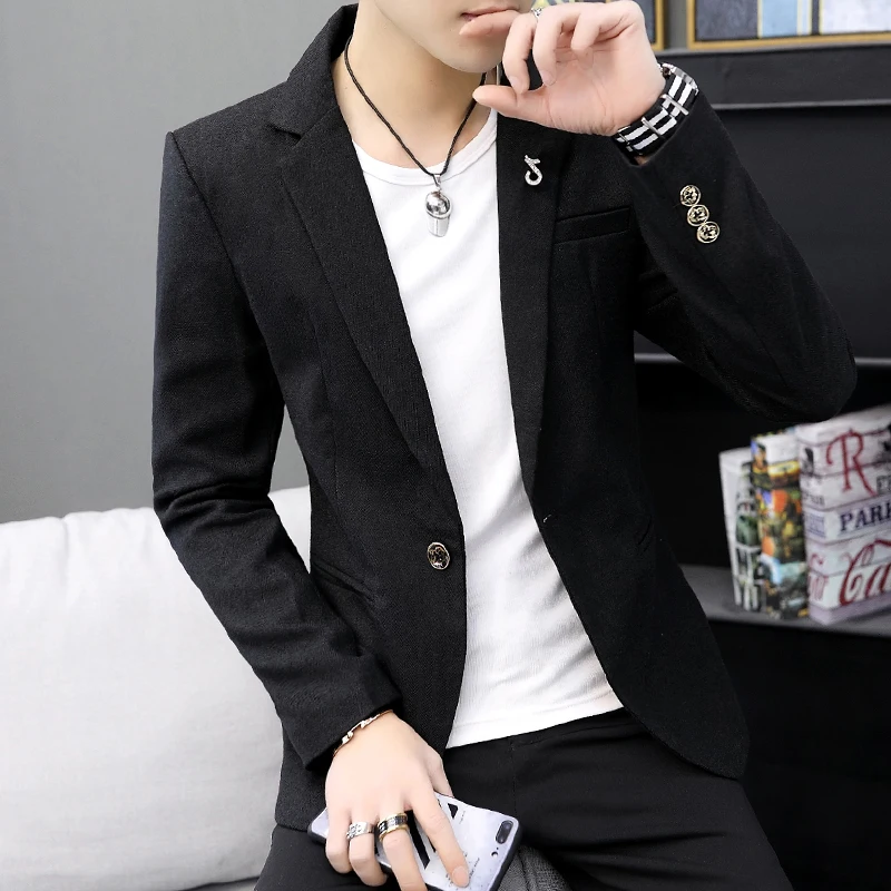 

Casual Thin Men's Suit Young Sli Korean Version Single Top Trendy Long Sve Pure Color Stand Fit Ci Faion Autumn...