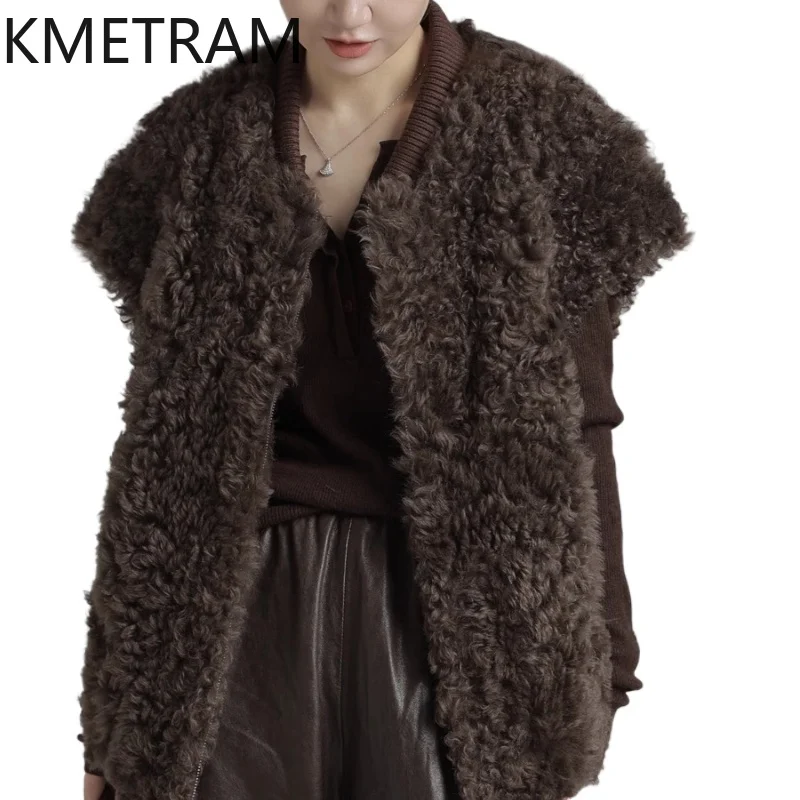 

KMETRAM 100% Natural Sheepskin with Wool Atttached Real Fur Vest Fashion Jacket 2025 Winter Women New Mid-Length Clothing шуба