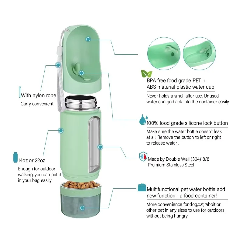 New Design Pet Feeder 3-in-1 Water Food Container Pet Bowl Stainless Steel 14oz Travel Insulated Water Bottle