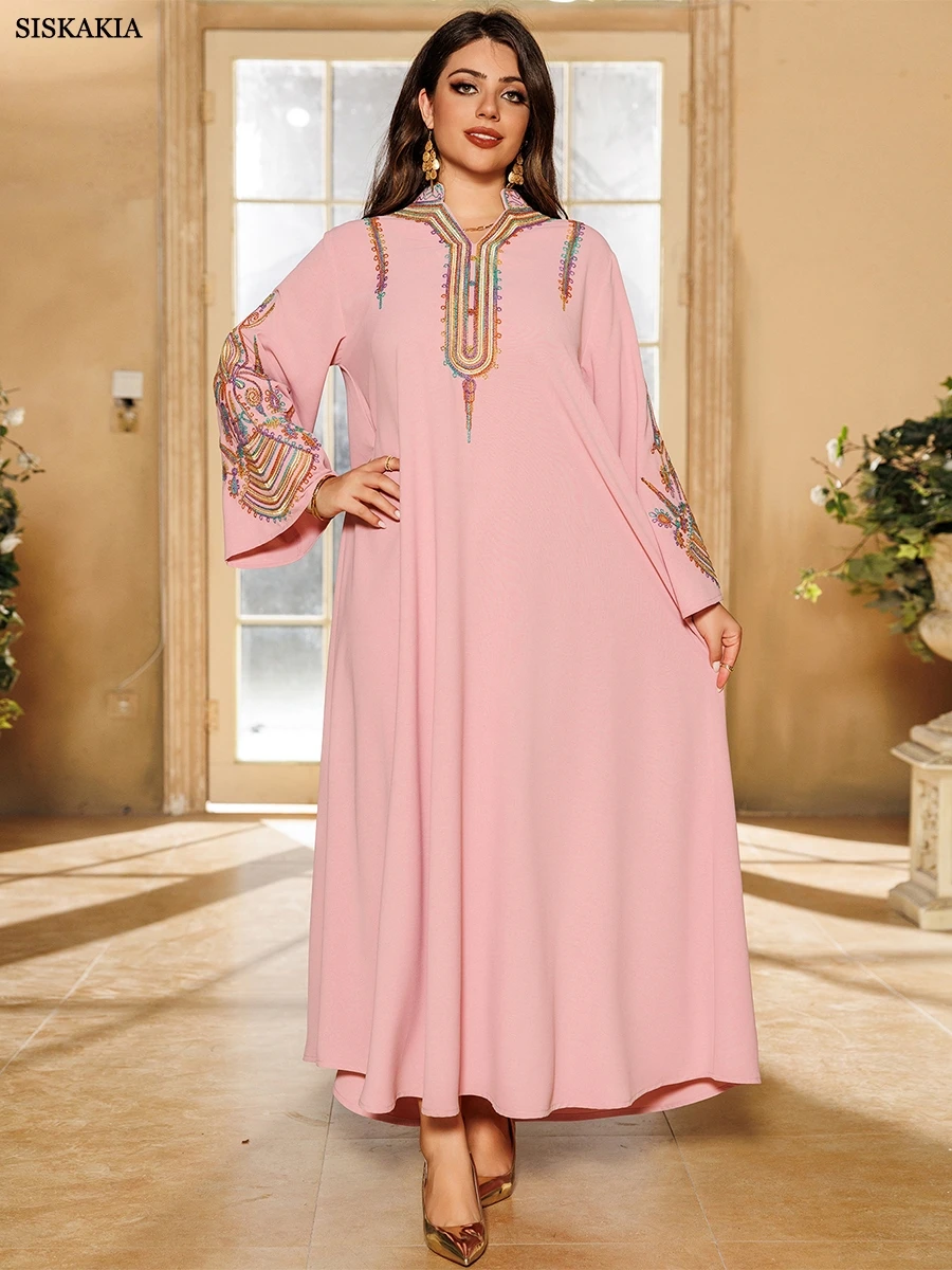 Siskakia Embroideried Muslim Dubai Woman’s Abayas V-Neck Long Dresses Moroccan Islamic Loose Robe Turkish  Arab Clothing