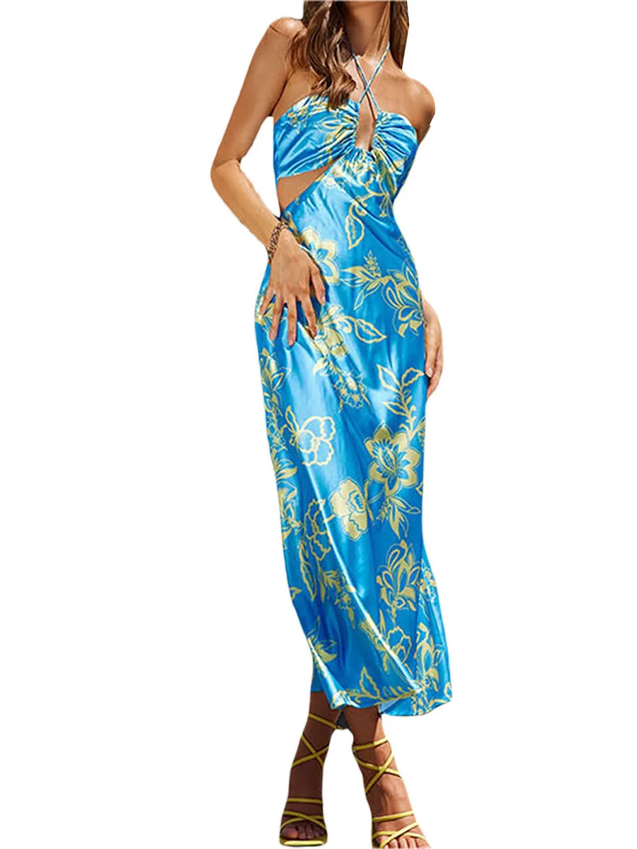 Frauen s Cut Out Taille Midi Kleid Floral Print Halter-Backless Sexy Aushöhlen Boho Sommer Casual Satin Lange Kleider