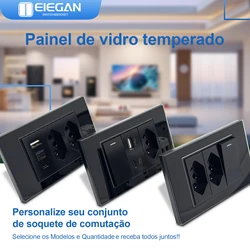 ELEGAN 118mm Black Brazil Tempered Glass Standard Outlet Dual Usb Type C Wall Socket Light Switch Switzerland 10A 20A Home decor