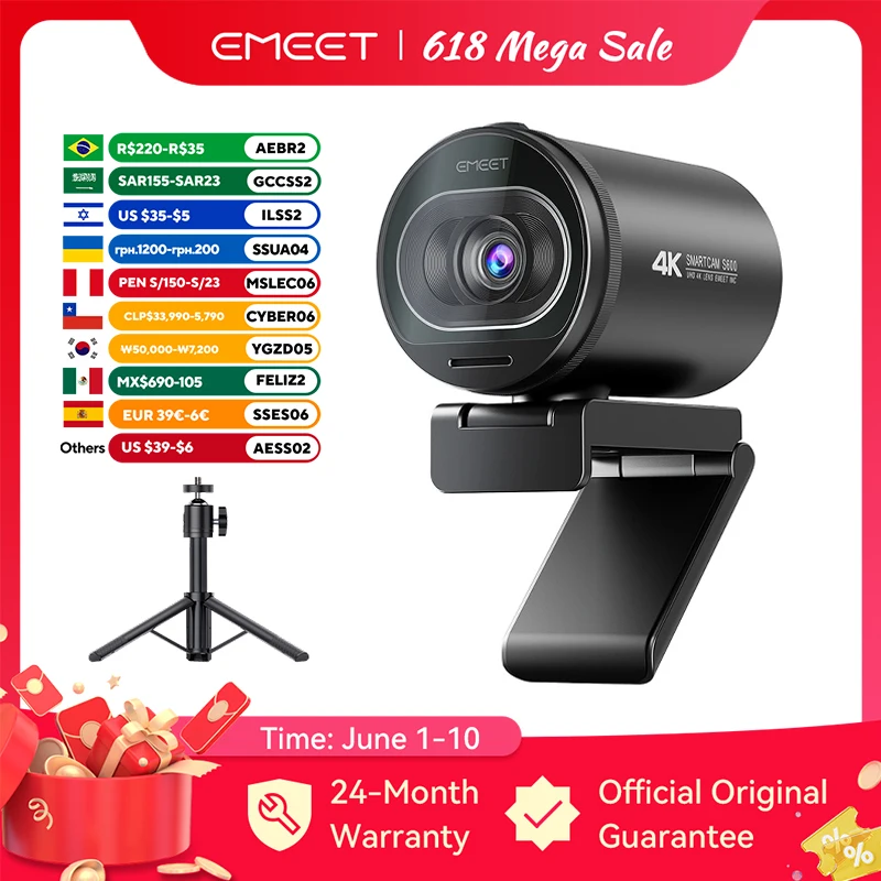 4K Webcam EMEET S600 SmartCam With Tripod USB Camera for Computer/Laptop Autofocus Sony Sensor 60FPS@1080P Streaming Web Camera