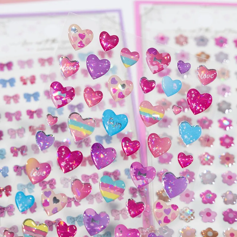 Beauty Fashion Puffy 3D Crystal Heart Stickers Sparkling Bow Flower Scrapbook Journal Stickers Kawaii Decals for Kids Craft