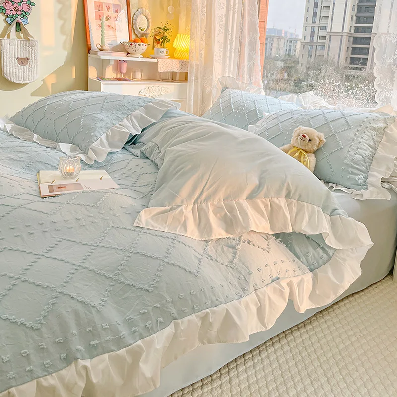 Ins Princess Style Geometric Flower Cutting Washed Cotton Bedding Four Piece Set